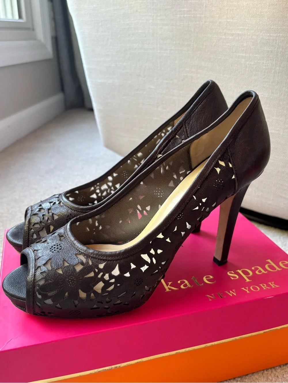 Kate Spade Women's Dark Brown Peep-Toe Laser-Cut High Heels
